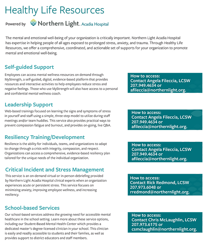 Northern Light Acadia Healthy Life Resources Information Sheet July 2020